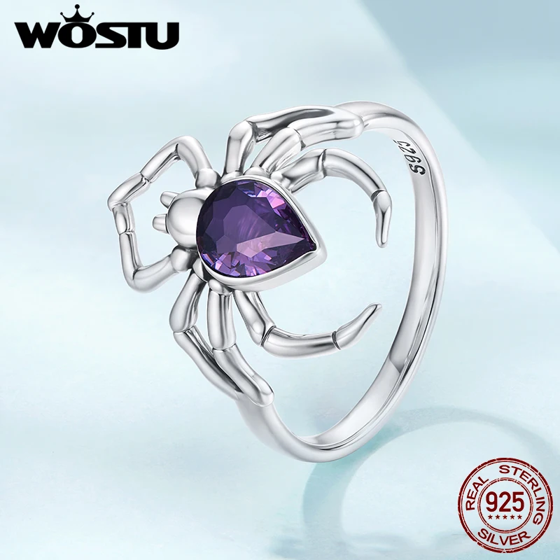 WOSTU 925 Sterling Silver Spider Ring Insect Animals Purple CZ Mystery Original for Women Men Fine Jewelry Birthday Party Gift