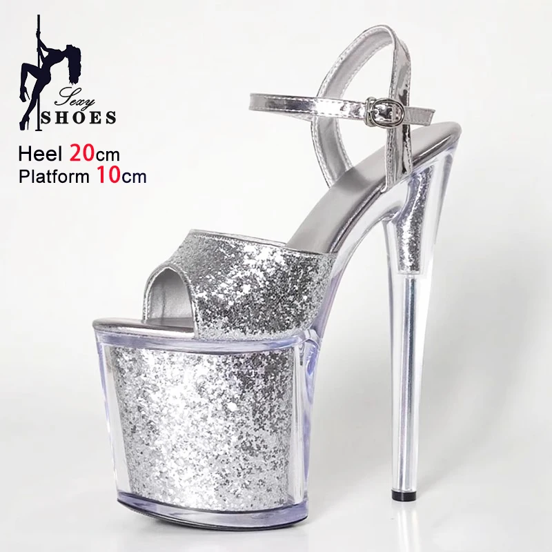 

20CM Extreme high heel Summer Thick Platform Sandals Women Stiletto Glitter Sequin Silvery Luxury Sandals Clear Pole Dance Shoes