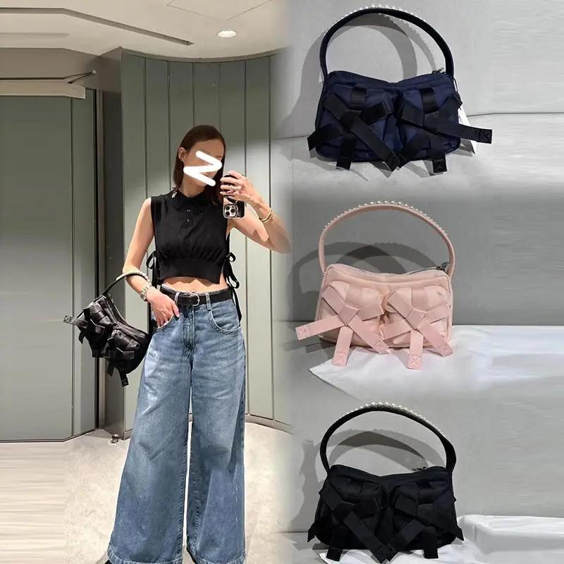 Girl Handbags Casual Versatile Bowknot Underarm Bag with Pearl Strap 2026 New Women's Shoulder Bags Japanese and Korean Style