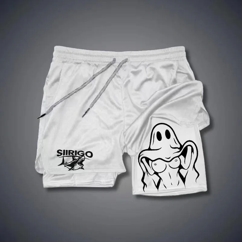 Shorts de ginástica anime para homens, dupla camada, secagem rápida, absorvente de suor, jogging, desempenho, treino, atlético, 2 em 1