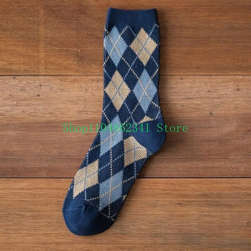 5ASD FEMMES ETHNIQUE ARGYLE PLAID PRINT SOCKS Vintage College Preppy Hosiery