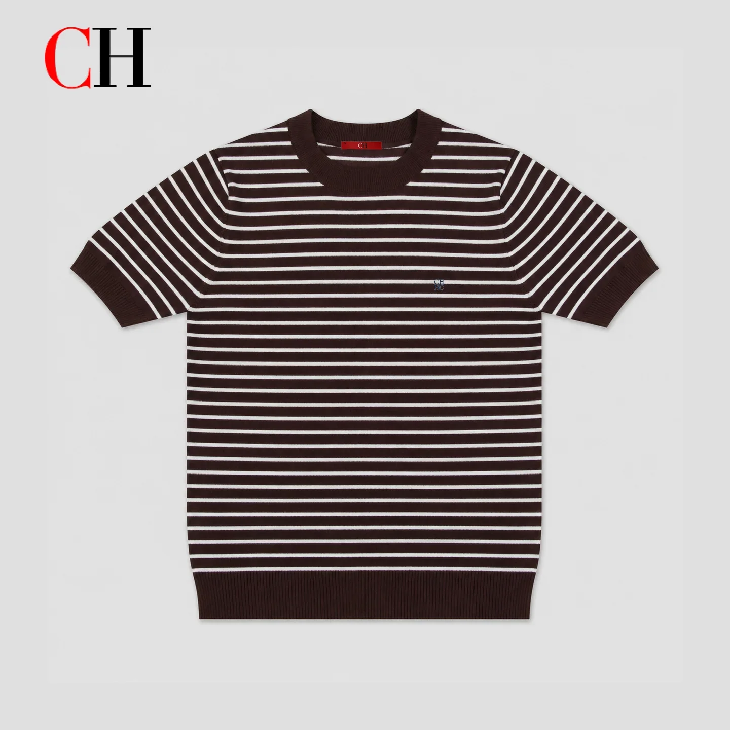 CH Mens Standard Crew Neck Chest Mini Emblem Embroidery Full Rib Trim Striped Short Sleeve Knit Top All Match Daily Men Wear