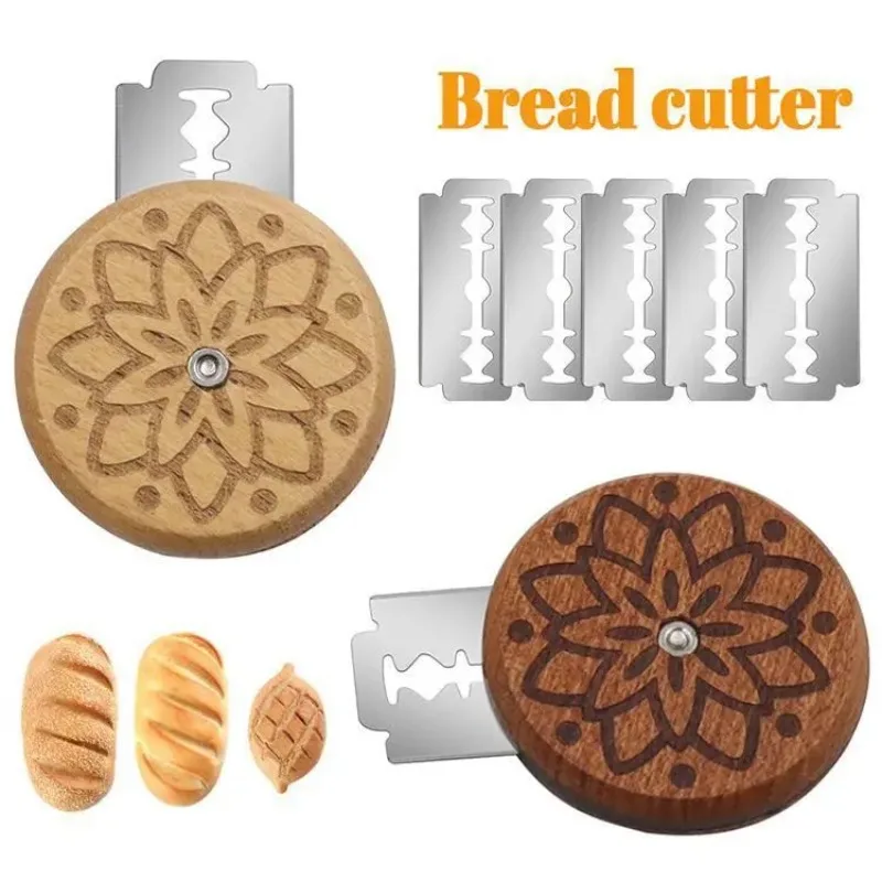 Faca de Madeira para Corte de Massa com 5 Lâminas de Navalha, Faca Redonda para Pão, Ferramenta de Corte para Pão de Fermentação Natural