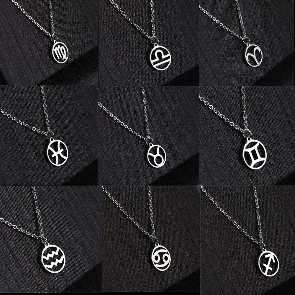 Stainless Steel Hollow-out Star Zodiac Sign Necklace 12 Constellation Pendant Necklace Women Chain Choker Men Jewelry Gifts