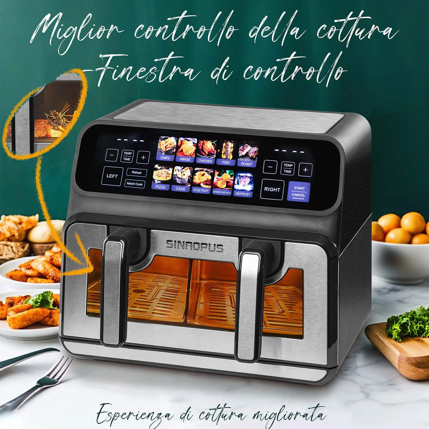 Friggitrice ad Aria Sinaopus 9L XXL 2200W a Doppia Camera, Senza Olio, con Pannello LED Touch, Programmi Automatici, Controllo della Temperatura e Timer