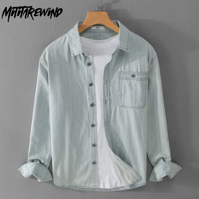 Spring Fall Retro Long Sleeve Denim Shirt Men Daily Casual Light Blue Jean Shirts Lapel Pocket Pure Cotton Shirt Youth Simple