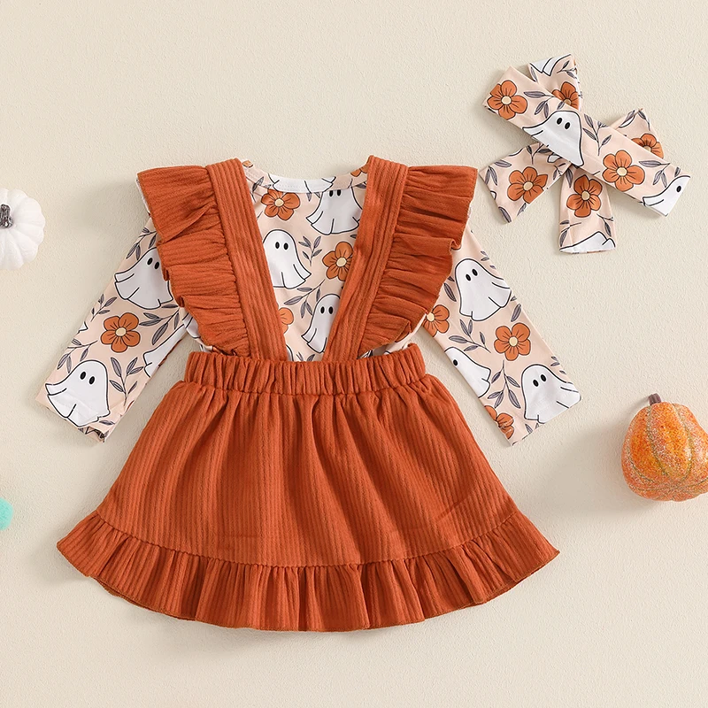 3-Piece Baby Girls Halloween Set Ghost Print Long Sleeve Ruffled Romper Overalls Skirt Hair Band Outfits