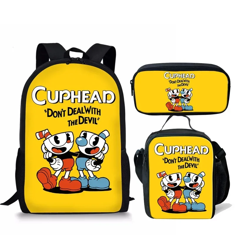 Classic Fashion Cartoon Cuphead Pattern 3D Print 3Pcs/Set Pupil School Bags Laptop Daypack Backpack Lunch Bag Pencil Case M20