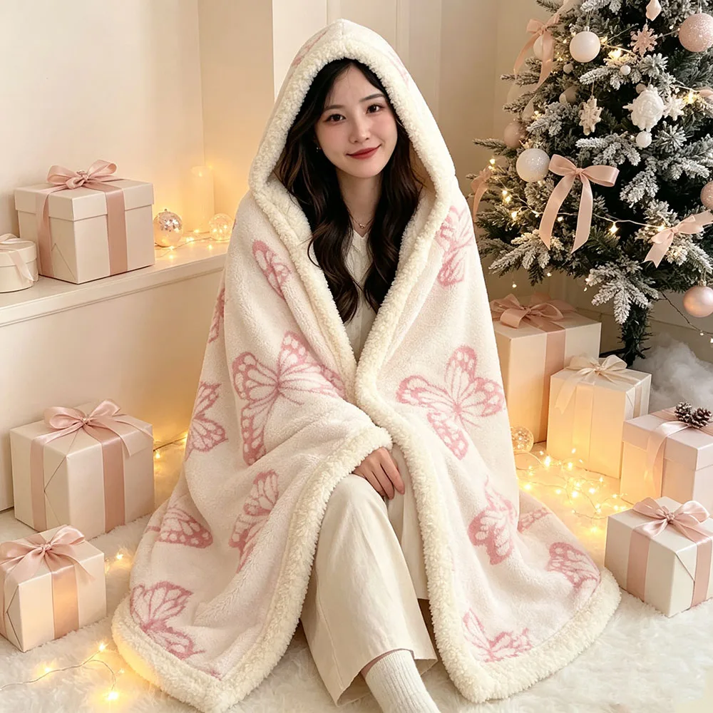Wearable Hooded Throw Cape with Built‑in Gloves Butterfly Print Sherpa‑Lined Adult Cloak Blanket for Sofa Office Naps Indoor