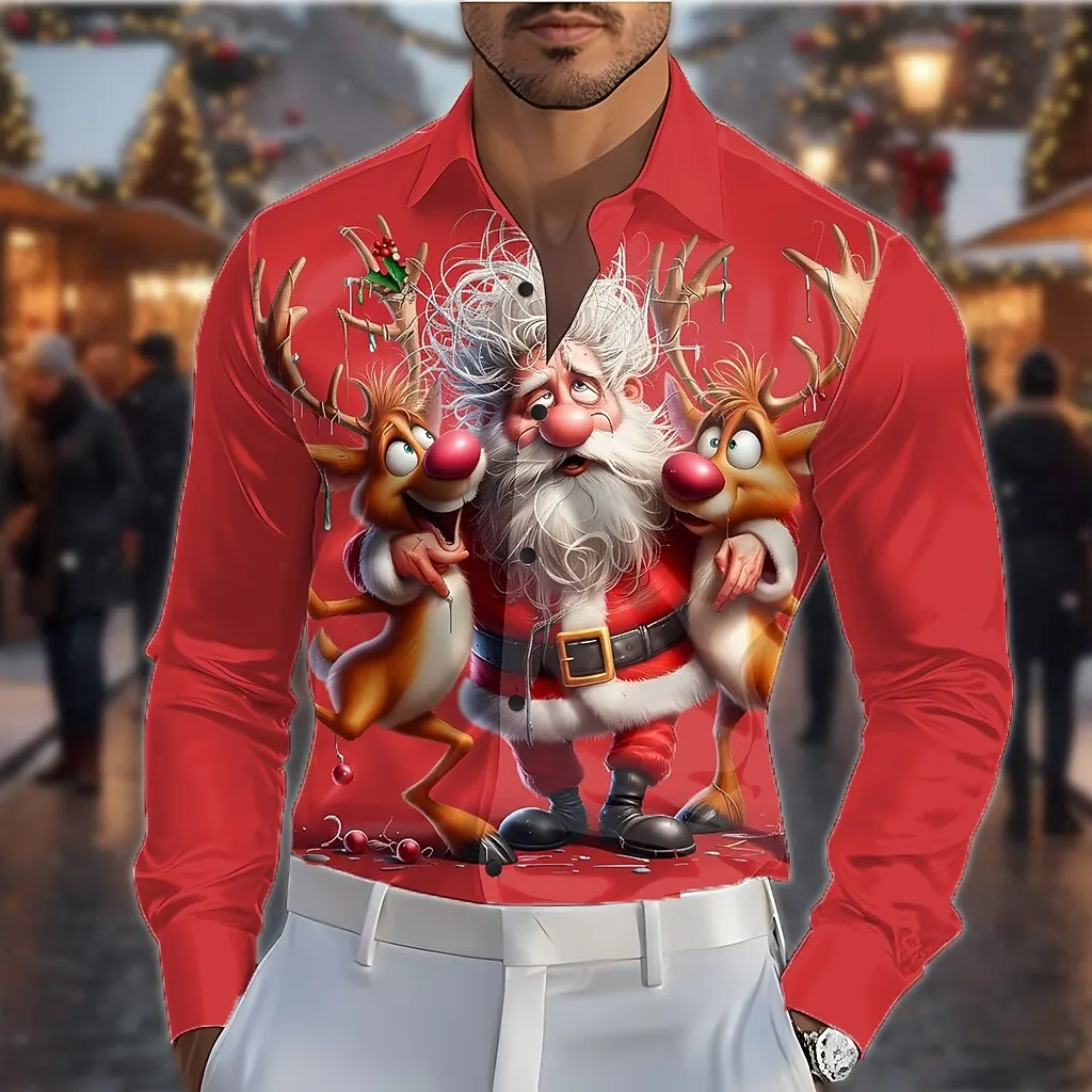 Christmas Men's Santa Claus Reindeer funny christmas Shirt Dress Shirt Long Sleeve Fashion Casual Holiday Spring Fall