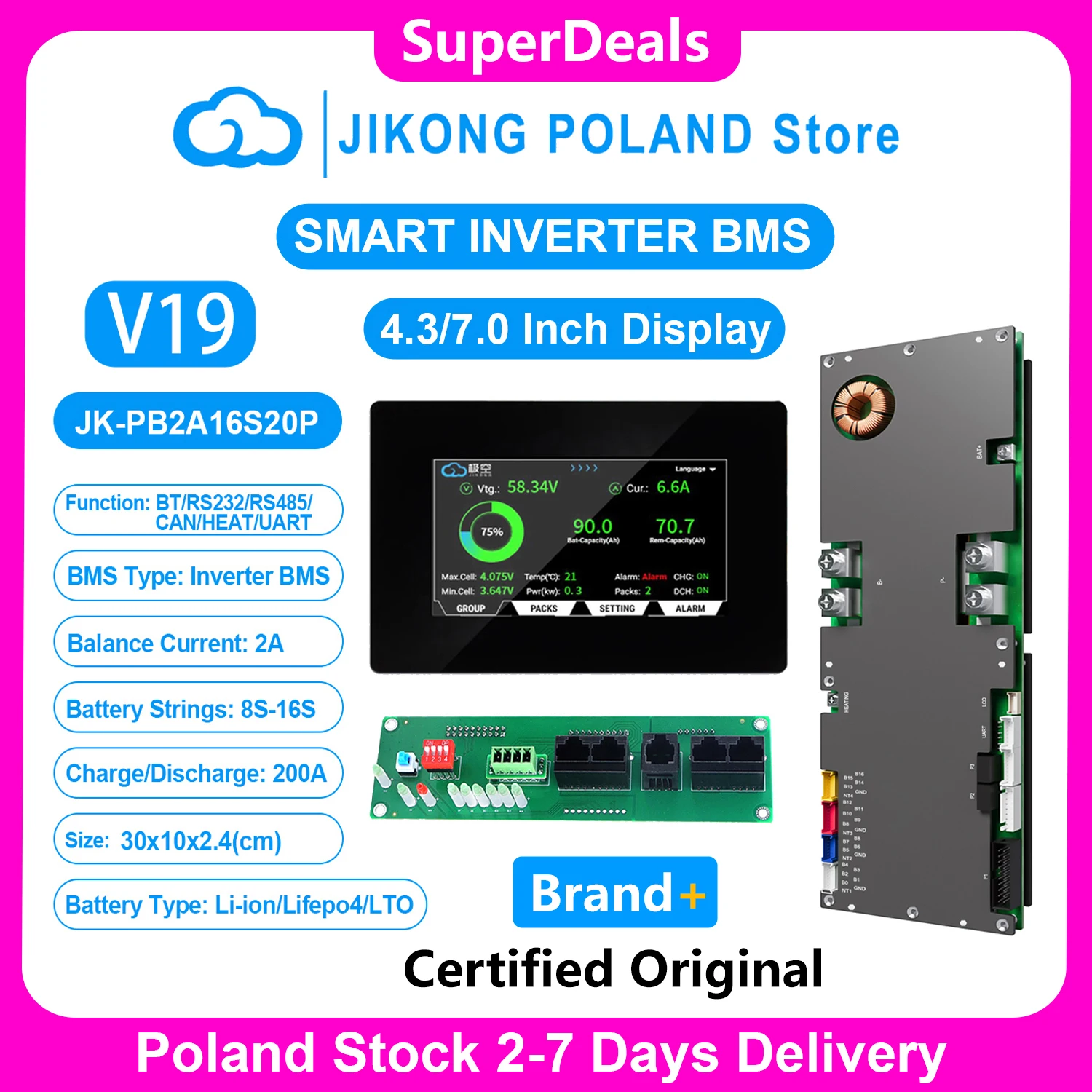 JIKONG V19 inversor inteligente BMS 8S ~ 16S 24V 48V 200A corriente 1A 2A balanceador activo para Lifepo4 Li-ion Lto batería BMS JK-PB2A16S20P
