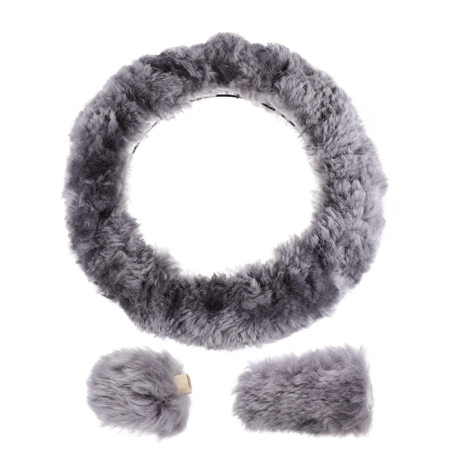 

3Pcs Wool Steering Wheel Cover Set Winter Warm Gear Handbrake Protector Grey Stylish Car Accessory Steering Wheel Cover