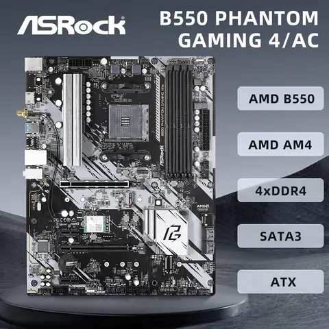 ASRock 팬텀 게이밍 4 AC 마더보드, AMD B550 칩셋, AMD AM4 CPU, Ryzen 7 지원, 5700x3800x4x DDR4, 128GB