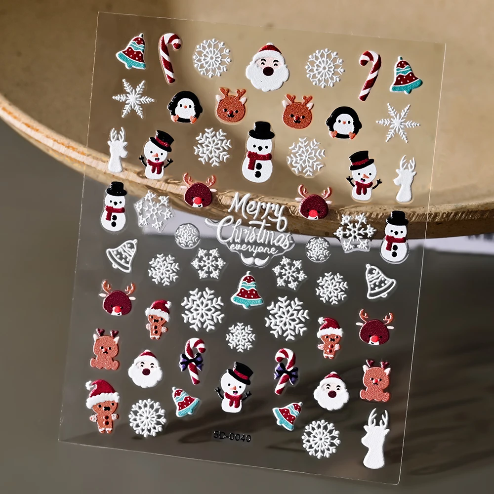 Noël 5D en relief bonhomme de neige flocons de neige Nail Art autocollants 8*10 cm dessin animé père noël Elk noël décalcomanie bricolage manucure décalcomanies & *