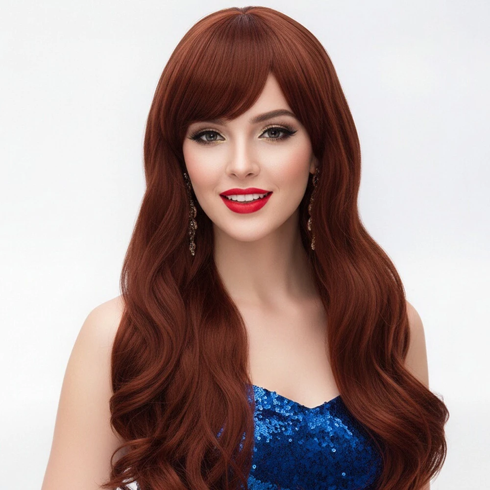 Brown Long Wavy Curly Cosplay Wigs For Women Daily Party Wear Heat Resistant Synthetic Fake Hair with Side Bangs