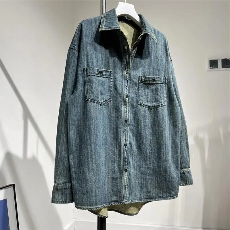 

Retro Hong Kong Sle Women's Long Sve Denim irt Drapey Layering Casual Versatile Outerwear Spring 2025 Cotton Blend