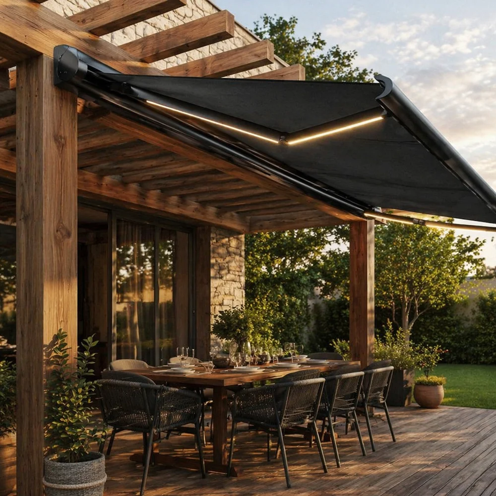 Commercial-grade heavy-duty telescopic folding arm awning with Alexa and Google voice commands for large commercial spaces