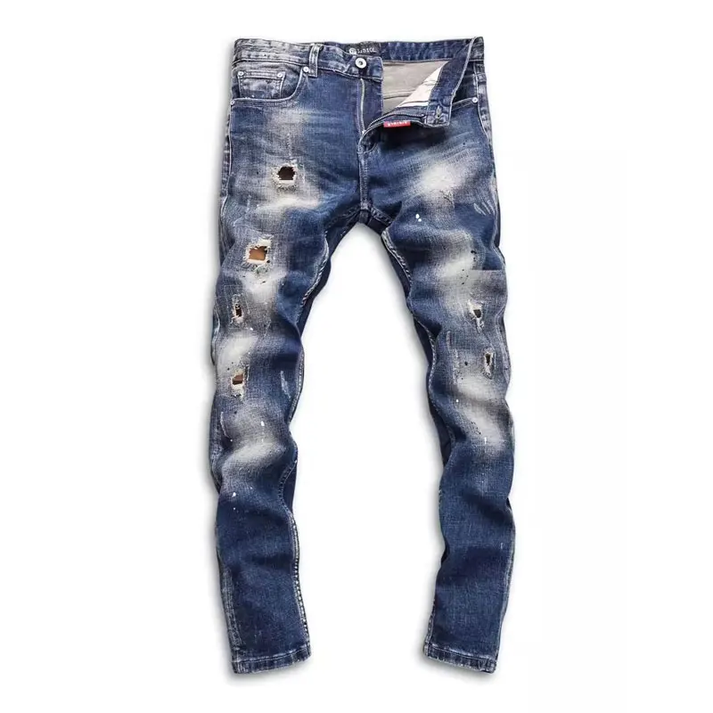 High Street Fashion Men Jeans Retro Dark Blue Stretch Slim Fit Hole Ripped Jeans Men Patched Designer Vintage Denim Pants Hombre