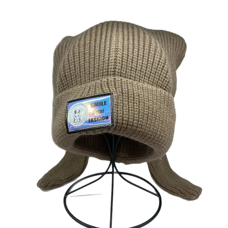 Long Rabbit Ears Wool Hat Female Sweet and Cute Autumn and Winter Warm Ear Protection Letter Sticker Knitted Hat Versatile