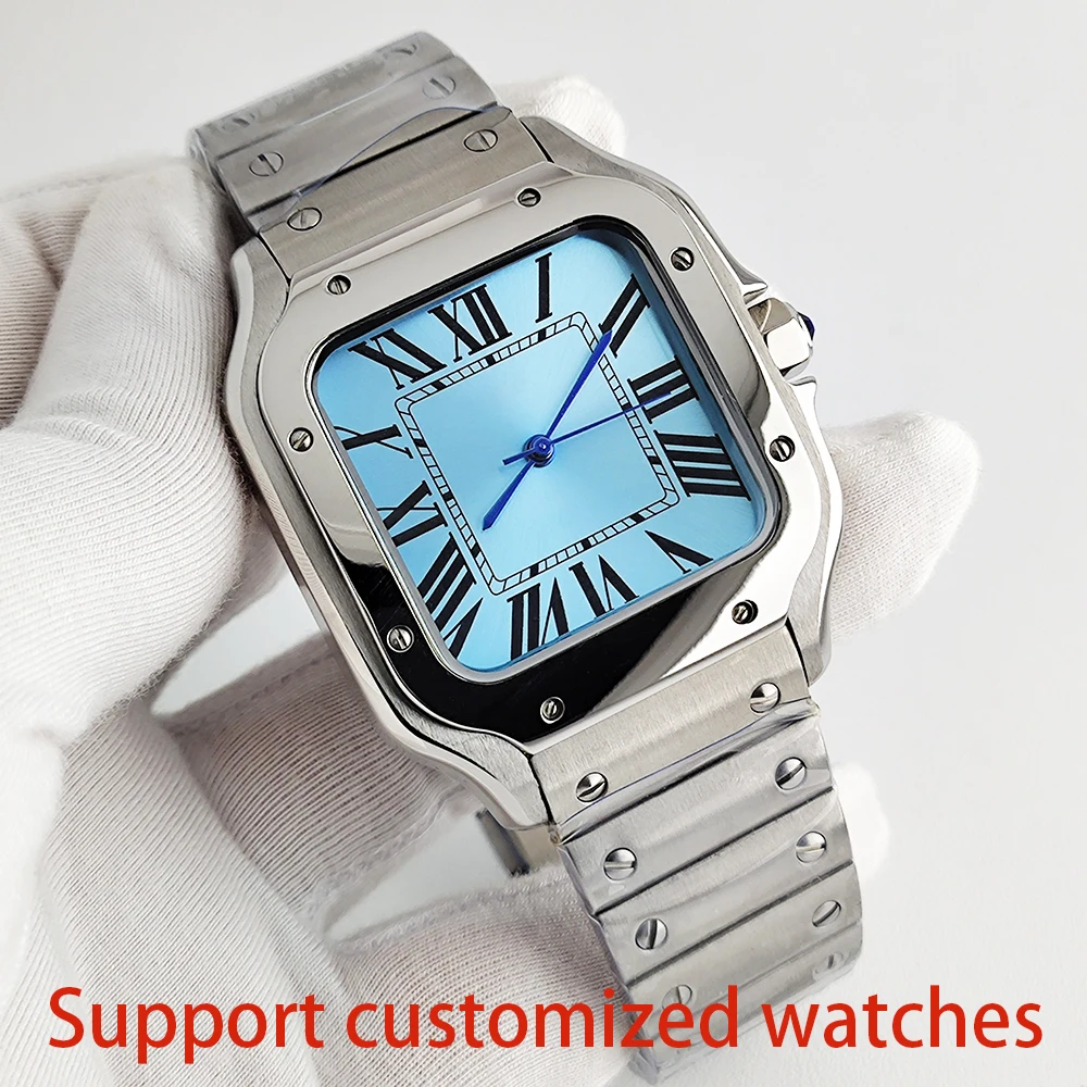 Men's Customized Square Watch Roman Numerals Stainless Steel Automatic Mechanical Non-Logos Timepiece