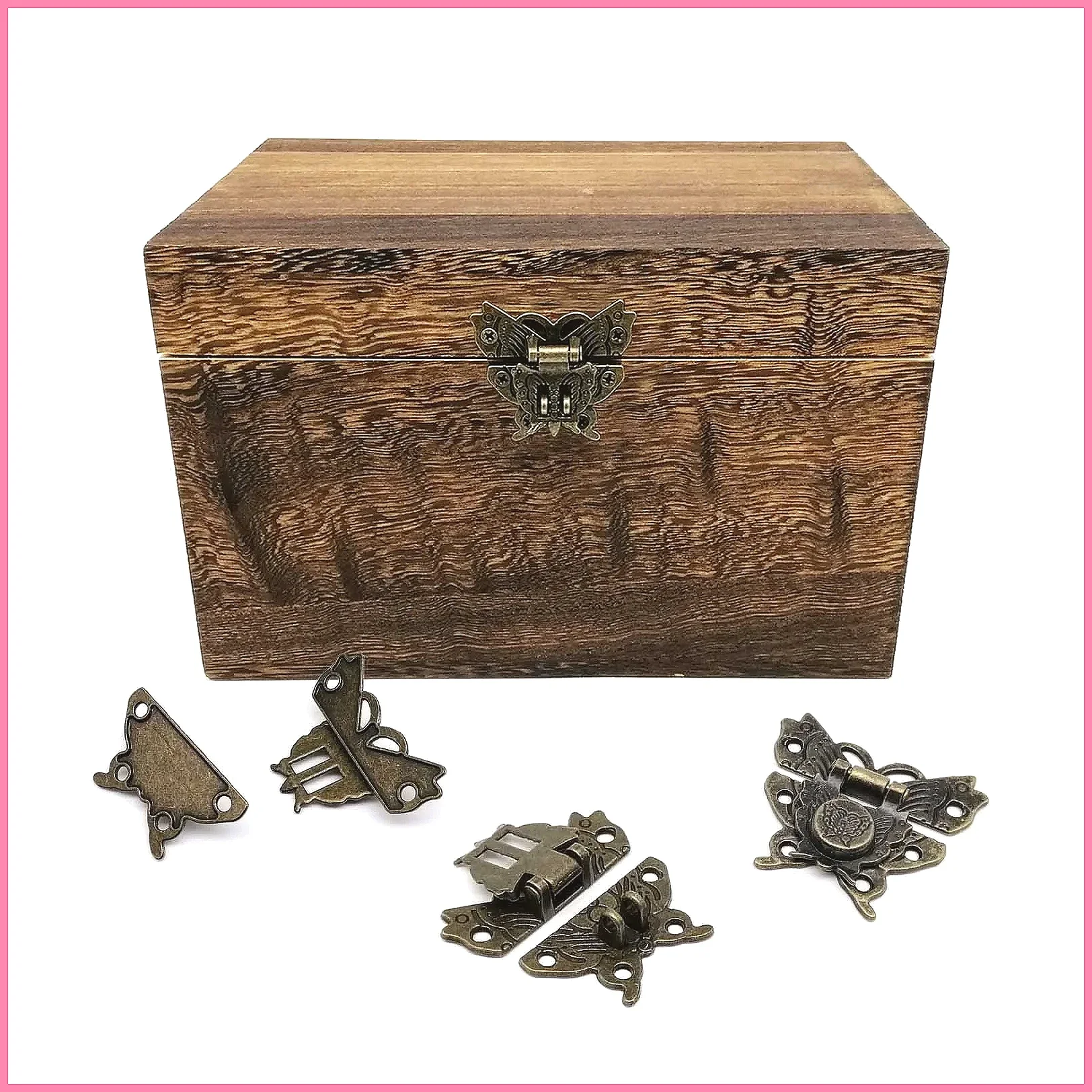 Vintage Antique Brass Bronze Butterfly Shape Wooden Jewelry Chest Toggle Latch Box Hasp Lock Clasp DIY Decorative Gift Case H