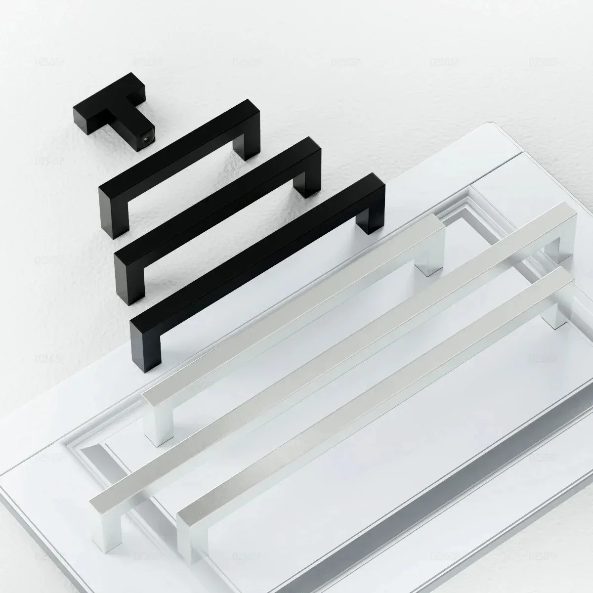 Stainless Steel Square Cabinet Handles, Modern Silver Black Gold Furniture Pulls for Kitchen Drawers