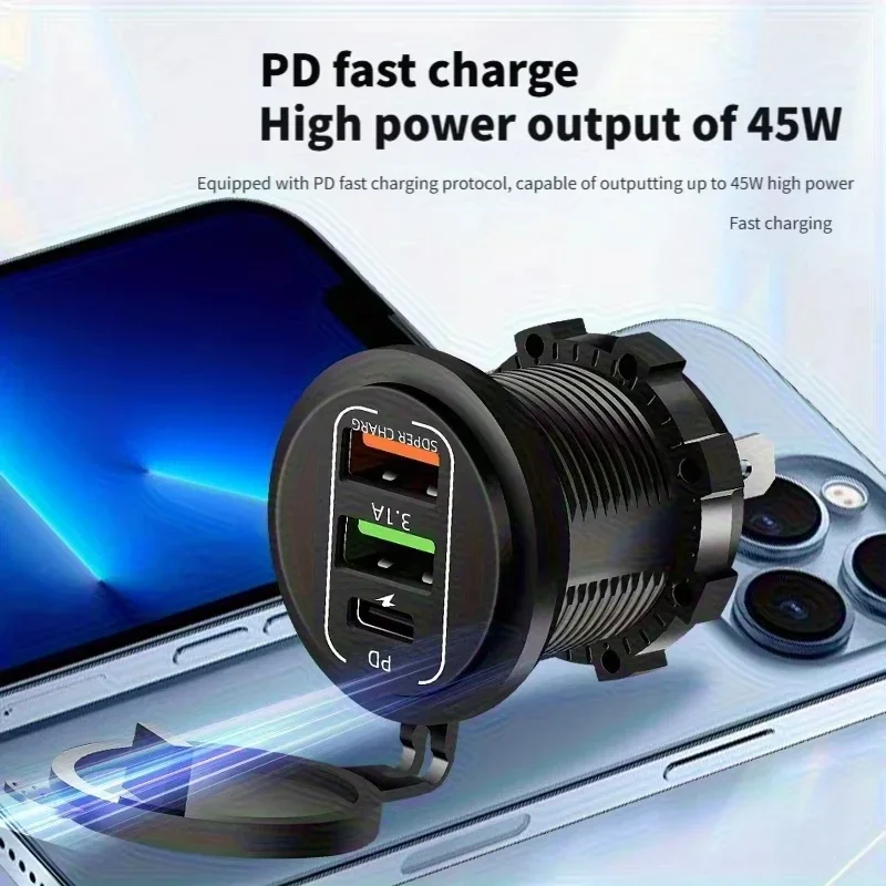 83 واط ماكس مقبس شاحن الهاتف 45 واط PD + QC3.0 شحن سريع 22.5 واط المزدوج USB + نوع C منفذ 3 منافذ محول الطاقة مقاوم للماء 12 فولت-24 فولت