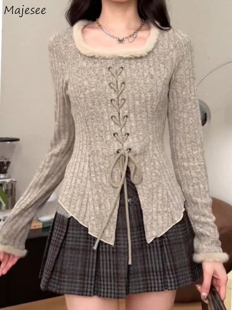 

Pullovers Women Patchwork Chic Bandage All-match Slim Fit Korean Fashion Popular Fur-lined Trendy Autumn Winter Elegant Tender