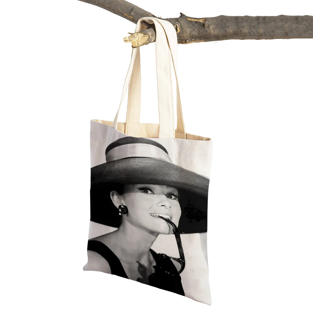 Elegant Audrey Hepburn Celebrity Retro Women Shopper Bags Casual Canvas Lady Shopping Bag Supermarket Travel Tote Handbag