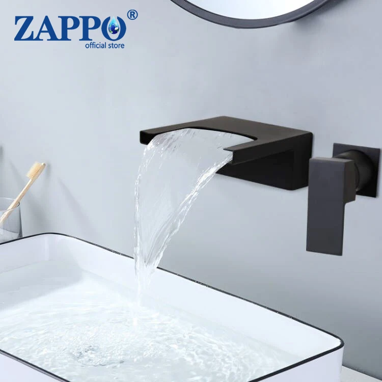 

ZAPPO Black Bathtub Faucet Waterfall Spout Basin Tap Wall Mounted Sink Mixer Bathroom Hot Cold Water Bathtub Faucets