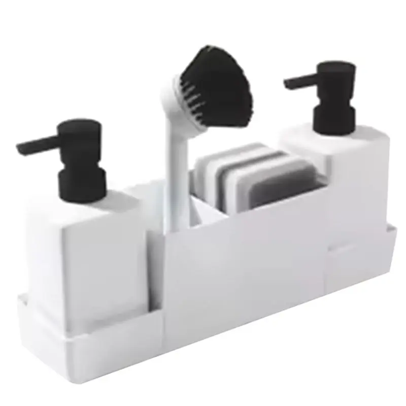AA81-Kitchen Soap Dispenser With Sponge Holder Set For Sink Caddy, Hand Soap And Dish Soap Dispenser With Brush Matte White