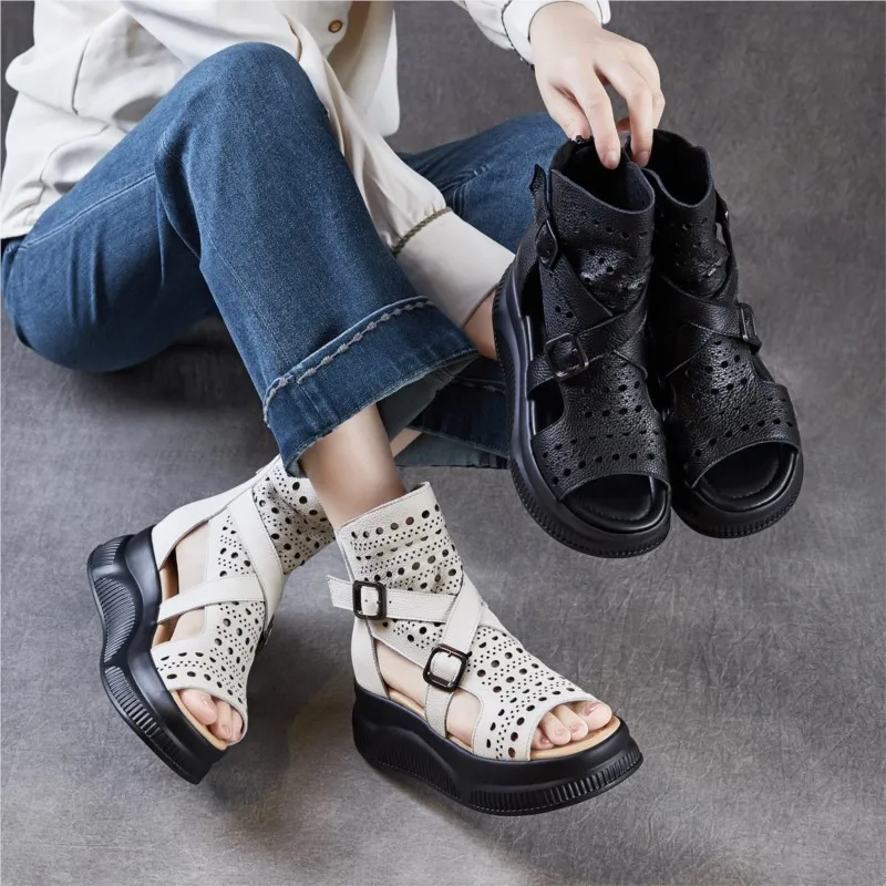 

2026 6cm Thick Soled Peep Toed Women's Summer Boots New Versatile Genuine Leather Hollow-out Breathable Roman Sandals