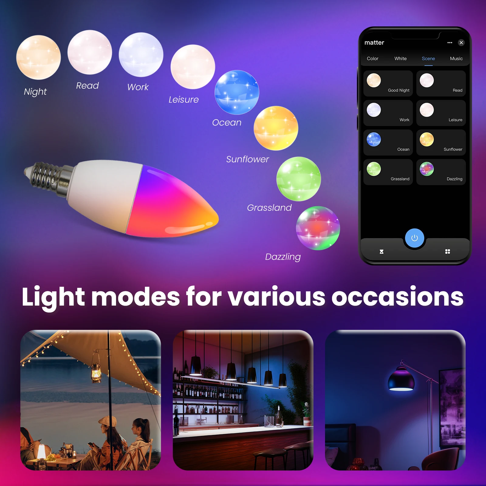 Smart WiFi Light Bulb, Dimmable LED, RGB Candle Light with App Remote Control, 16 Million Colors, Matter Graffiti