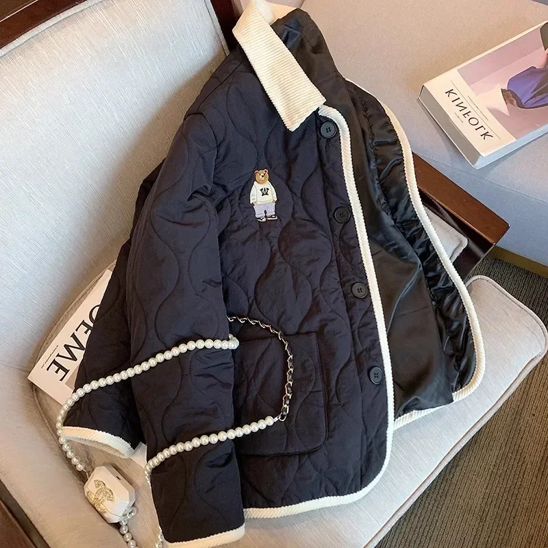 2024 New Black Rhombic Pattern Quilted Jacket Korean Bear Embroidery Retro Thickened Coat Women Winter Casual Oversize Jacket