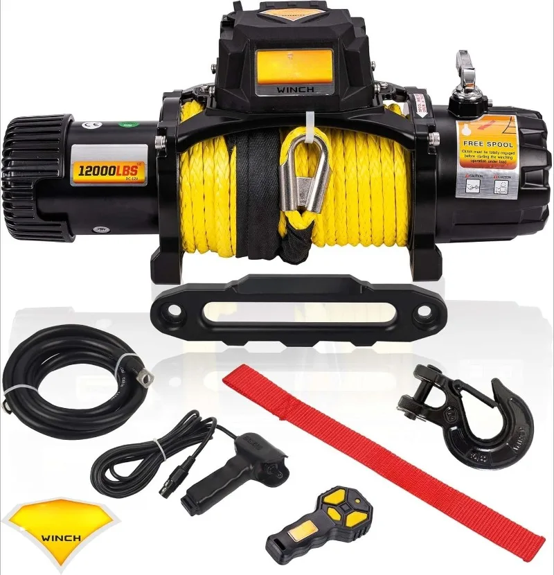 

12V Electric Winch 12000 lb. Waterproof Synthetic Rope Offroad Winch with Wireless Remote Control for 4WD Vehicle
