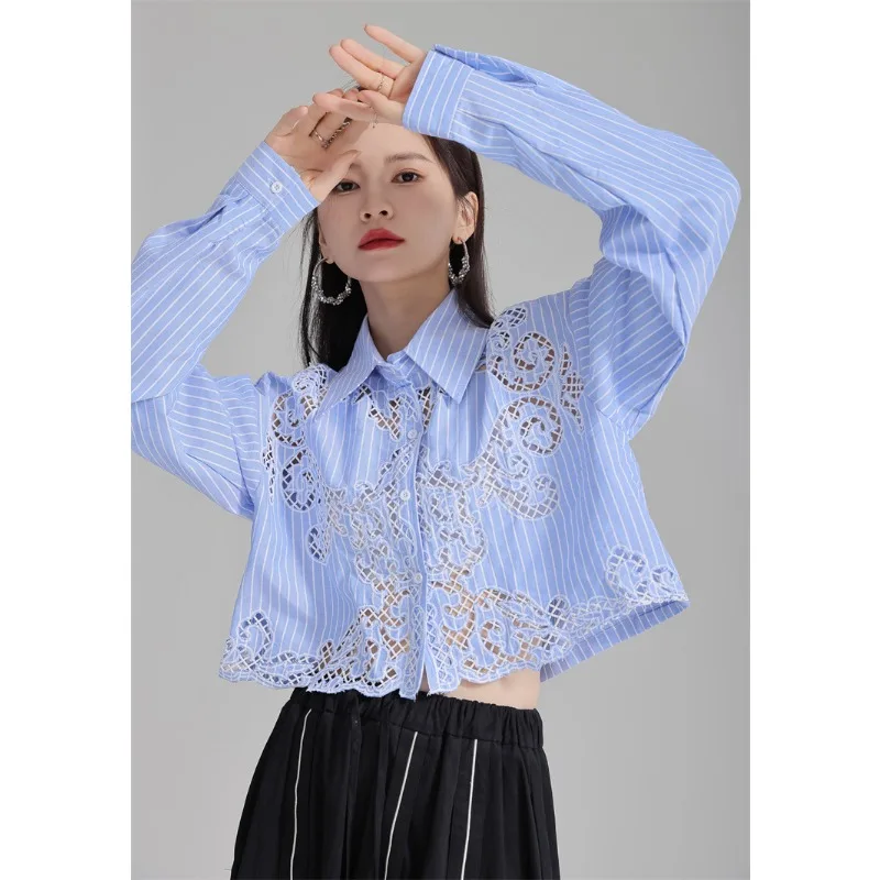 WAKUTA Spring/Summer Design Feeling Hollow Hook Flower Flip Collar Long Sleeved Shirt Minority Cardigan Short and Unique Top