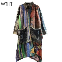 WTHT Fashion Trendy Women's Spliced Striped Denim Long Coat 2024 Autumn Lapel Big Pockets Single Breasted Jacket Female 1LS214