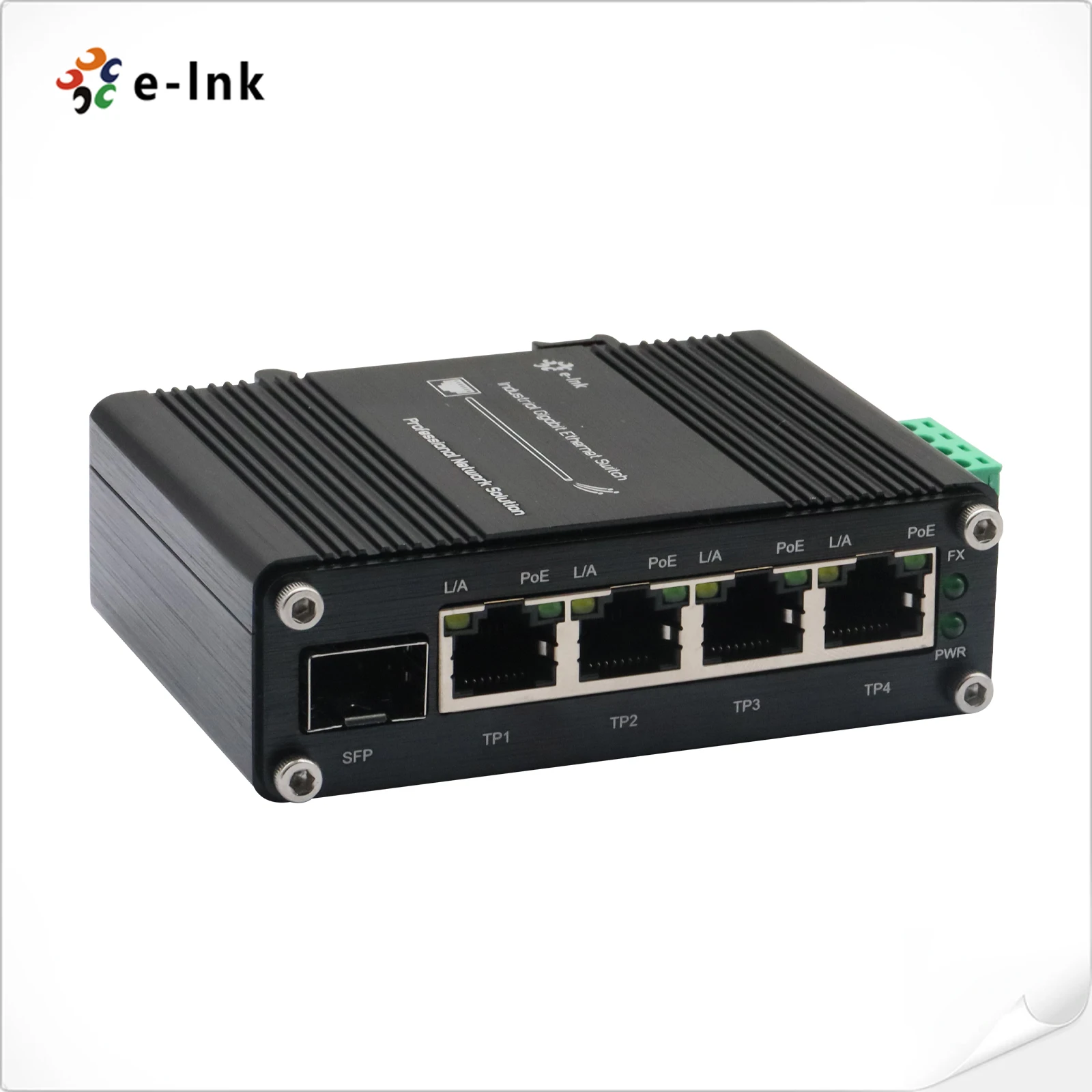 Mini Industrial 4-Port 10/100/1000Mbps 802.3at PoE + 1-Port 100/1000X SFP Ethernet 12~48VDC Input Voltage Booster 10Gbps QoS
