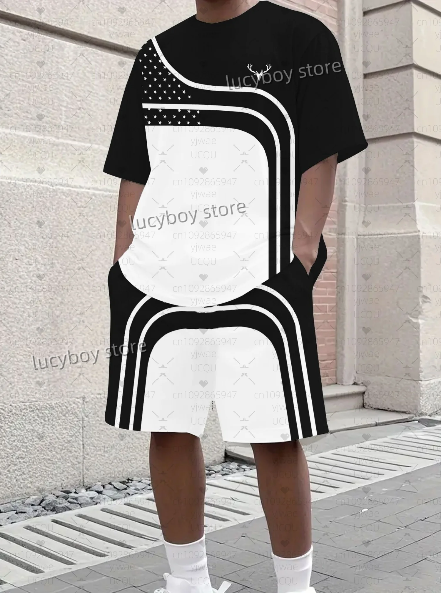 Hot Selling Summer Men  lines Print Set Short Sleeve football t-shirt Shorts Set Adult  Jogging Plus Size Tracksuit 2 Piece Set