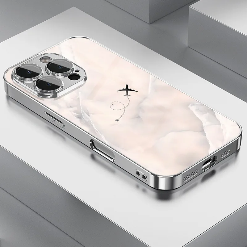 

Travel Plane Love Heart Tempered Glass Electroplated Phone Case For iPhone 17 16 15 Pro Max 14 Plus 13 12 11 16E 17 Air Cover