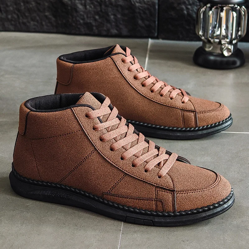 

Brown Men's Ankle Boots Bottom Casual Sneakers for Men Design Lace Up High Top Fashion Flat Shoes for Men Retro Fashion Boots