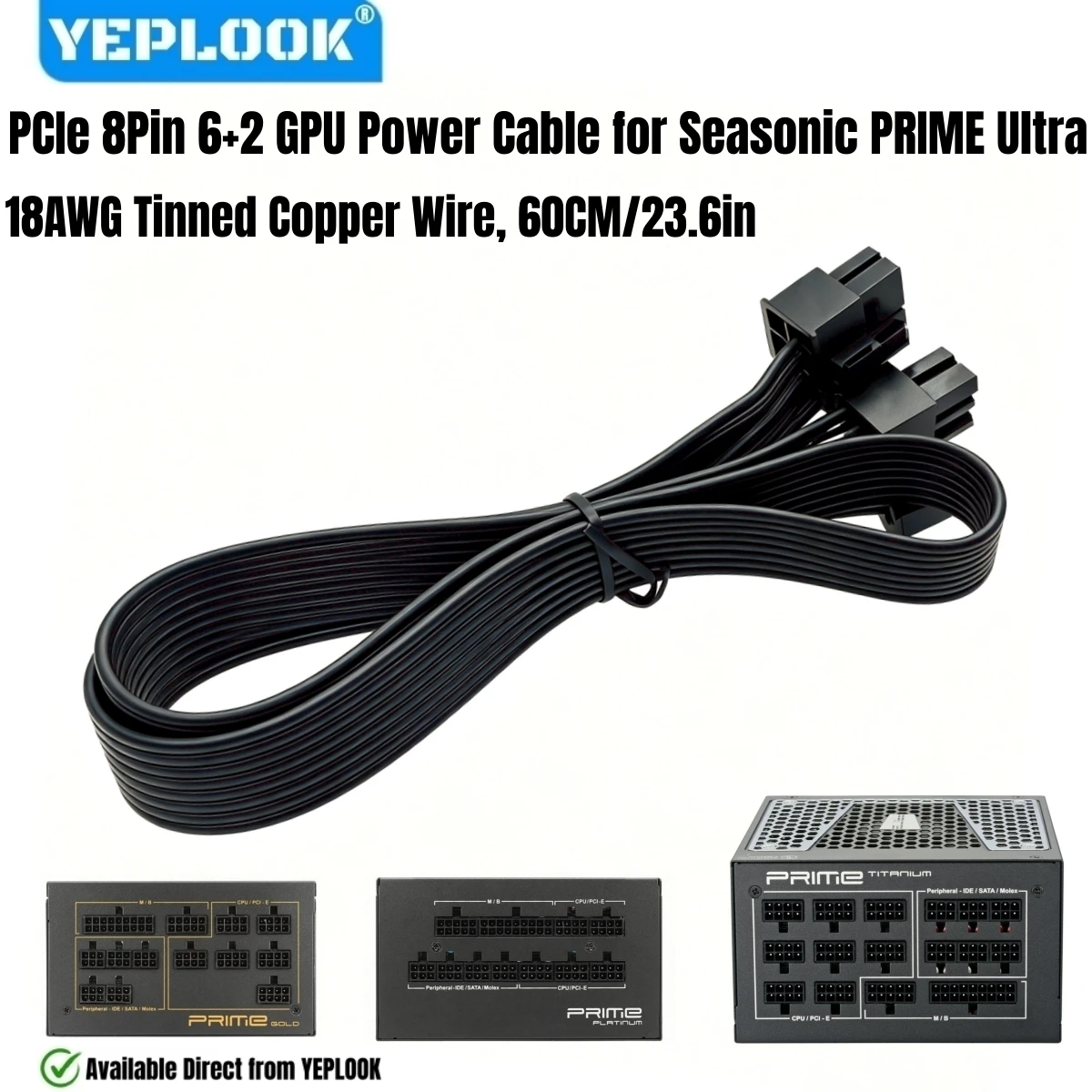 6+2 PCIe 8Pin GPU Power Cable for Seasonic Prime Ultra Titanium/Platinum/Gold 1300W, 1000W, 850W, 750W, 650W, 550W Modular Power