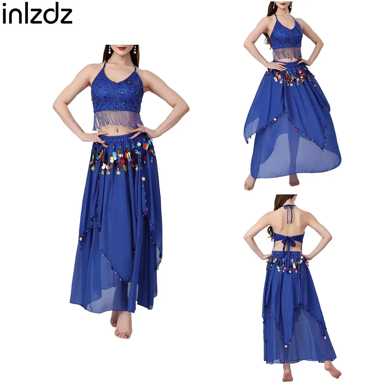 

New Womens Belly Dance Sequin Tassel Outfit Fringe Embroidered Lace-up Crop Top+Skirt Set for Stage Performance Dancing Class