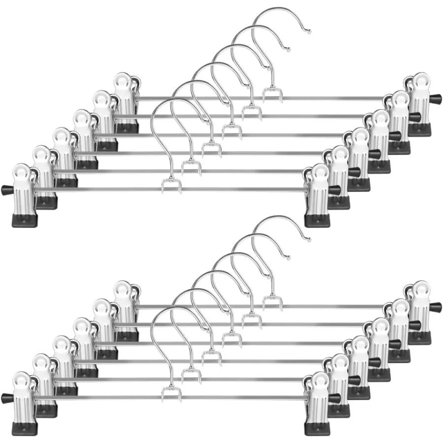 

Упаковка из 12 тонких металлических вешалок с зажимами для шорт и юбок. Нескользящие регулируемые прочные вешалки для организации шкафа.