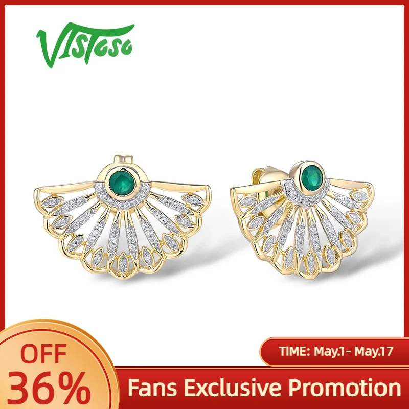 

VISTOSO Pure 14K 585 Yellow Gold Earrings For Women Sparkling Emerald Diamond Oriental Fan Shape Stud Earrings Fine Jewelry