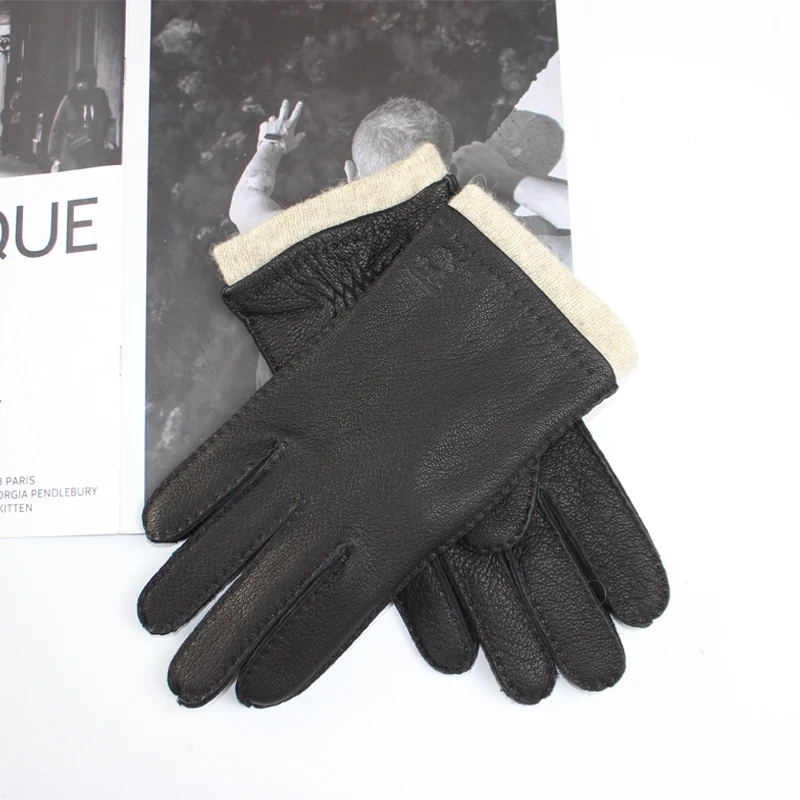 Men\'s Deerskin Gloves Classic Vintage Hand Sewn Made Warm Wool Knit Liner Driving Leather Gloves Autumn