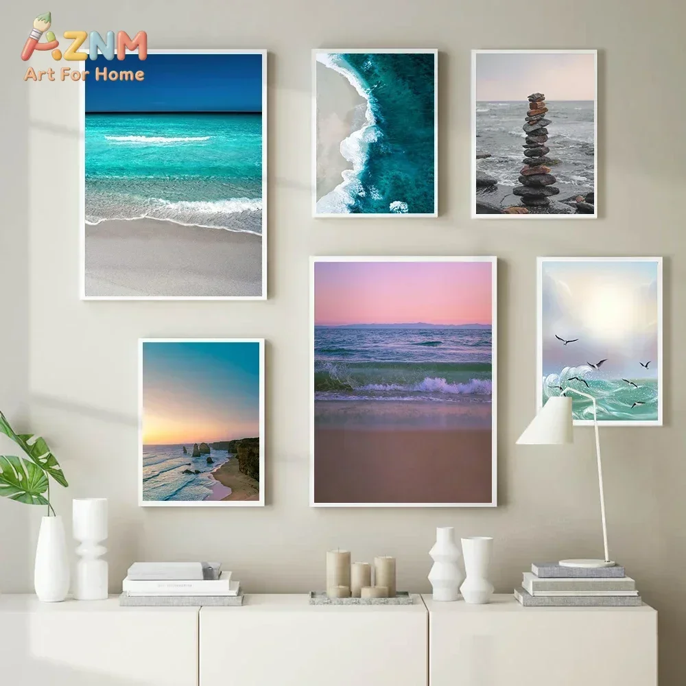 AZNM Coastal Ocean Scenery Canvas Wall Art Beach Wave Sunset Seagull Stacked Stones Nature Landscape Minimalist Nordic Living Ro