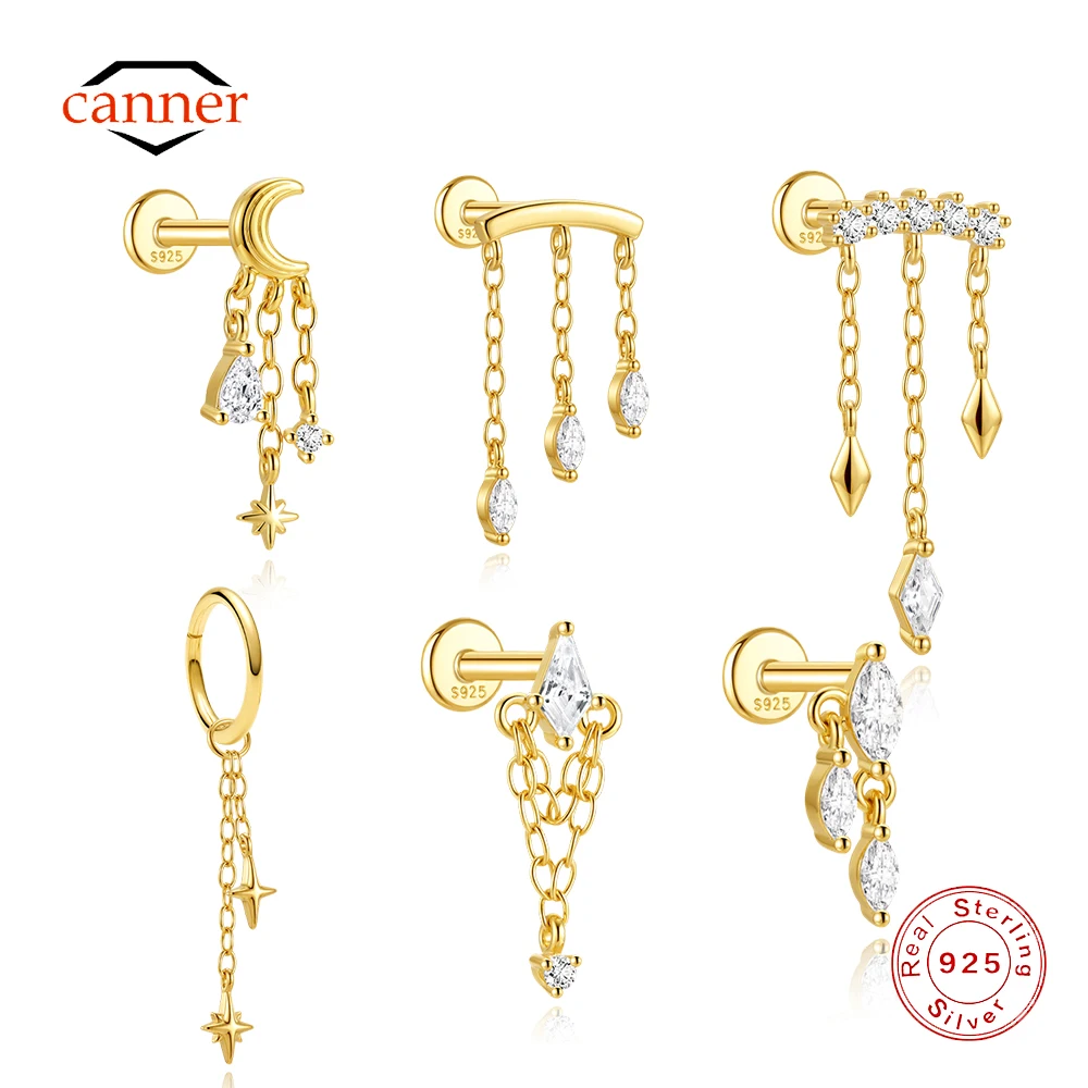 

CANNER 1PC 925 Sterling Silver Chain Moon Star CZ Drop Earring Cartilage Helix Lobe Flat Back Piercings Trendy Elegant Jewelry