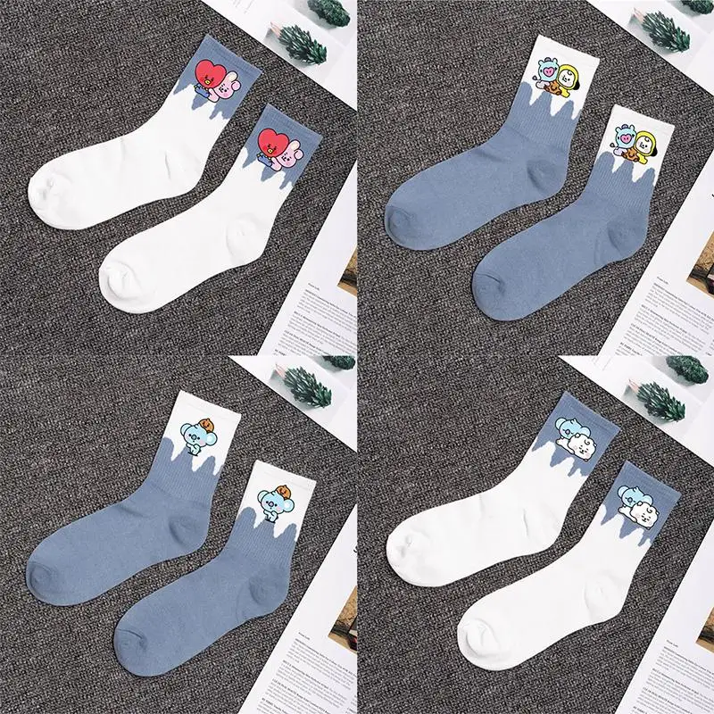 New Hug Hug Bt21 Series Cartoon Cotton Socks Men Women Spliced Color Sports Socks Couples Autumn Mid-Length Casual Socks Gift