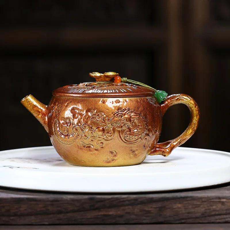 Handmade Yixing Zisha Teapot Golden Shell Fired Dragon Relief Hanwa Teapot Chinese Gongfu Tea Pot 270ml